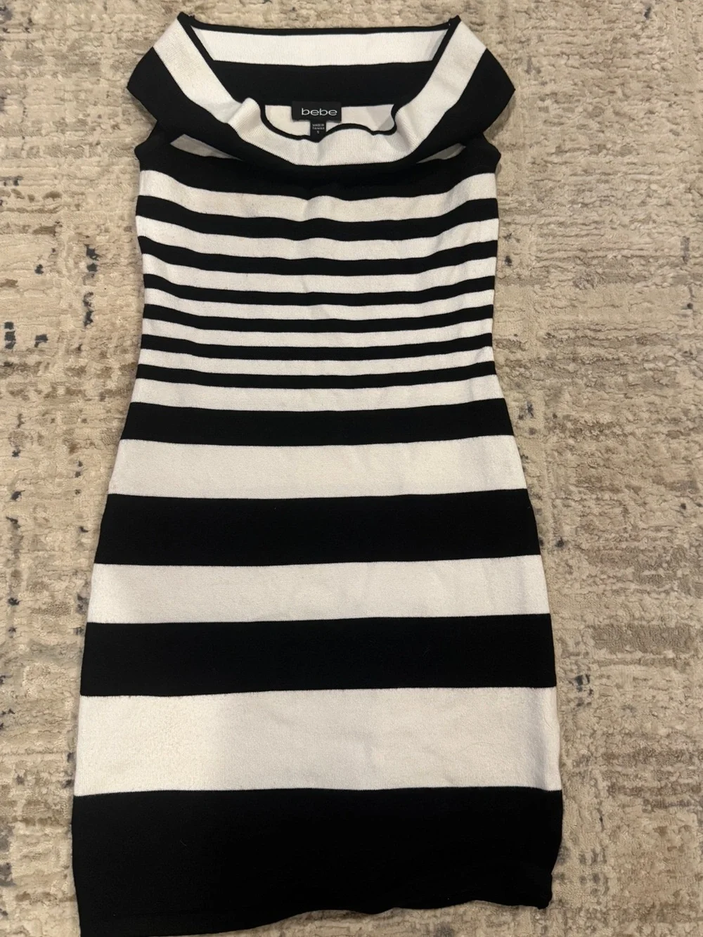 Bebe Knit Black and White Striped Off-Shoulder Mini Dress - Picture 2 of 4
